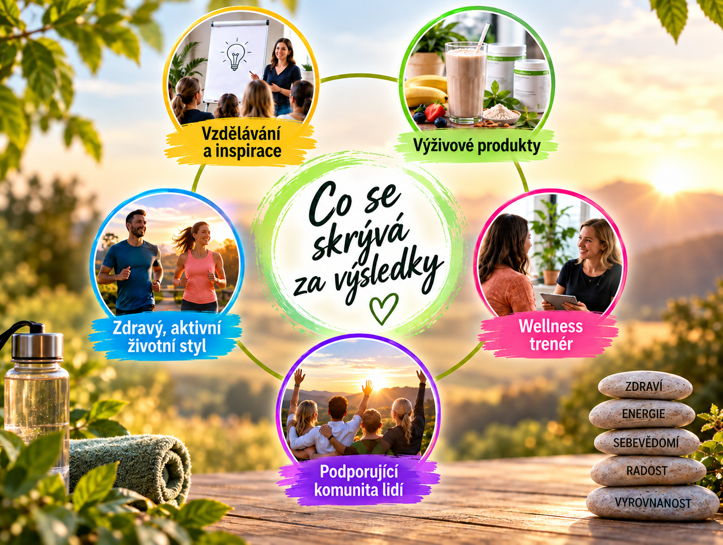 Co se skrývá za výsledky: vzdělávání a inspirace, výživové produkty, zdravý aktivní životní styl, wellness trenér a podporující komunita lidí
